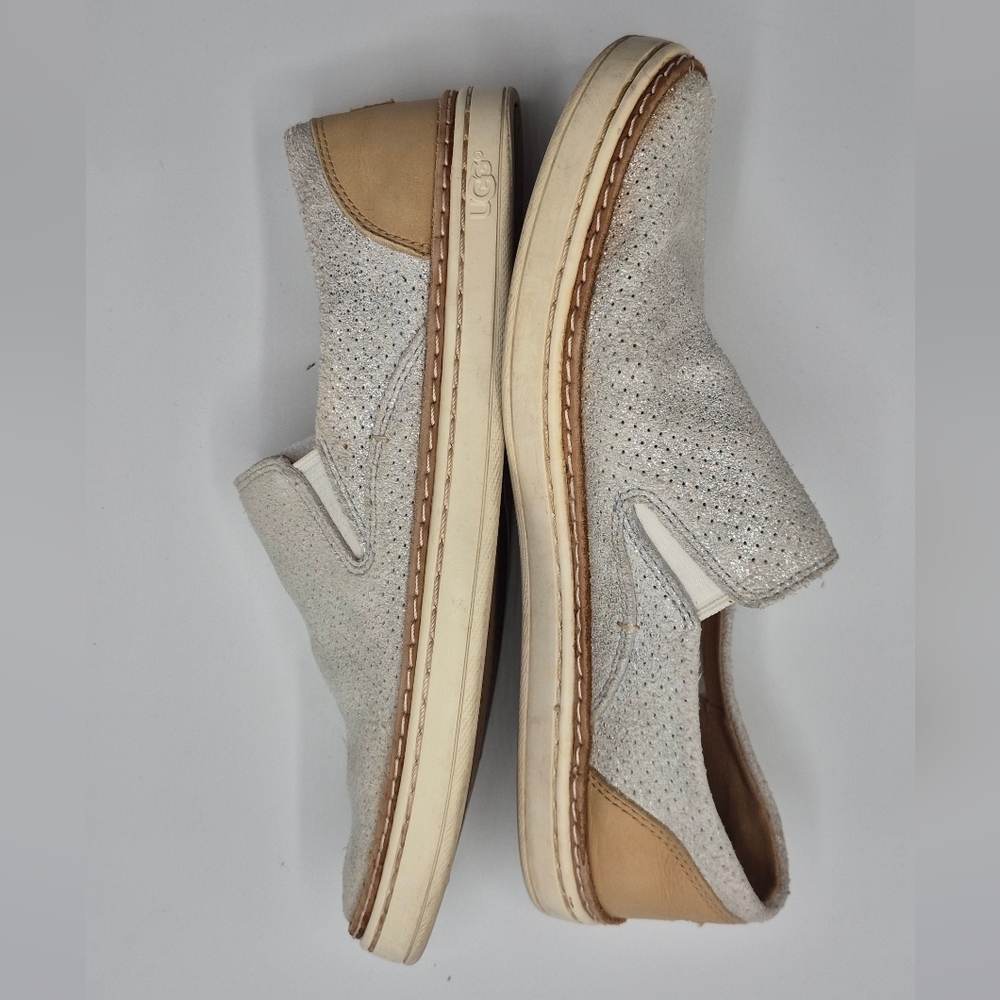 UGG Women Perforated Slip-On Suede Loafers in Light Gray and Tan Sole - Picture 2 of 5